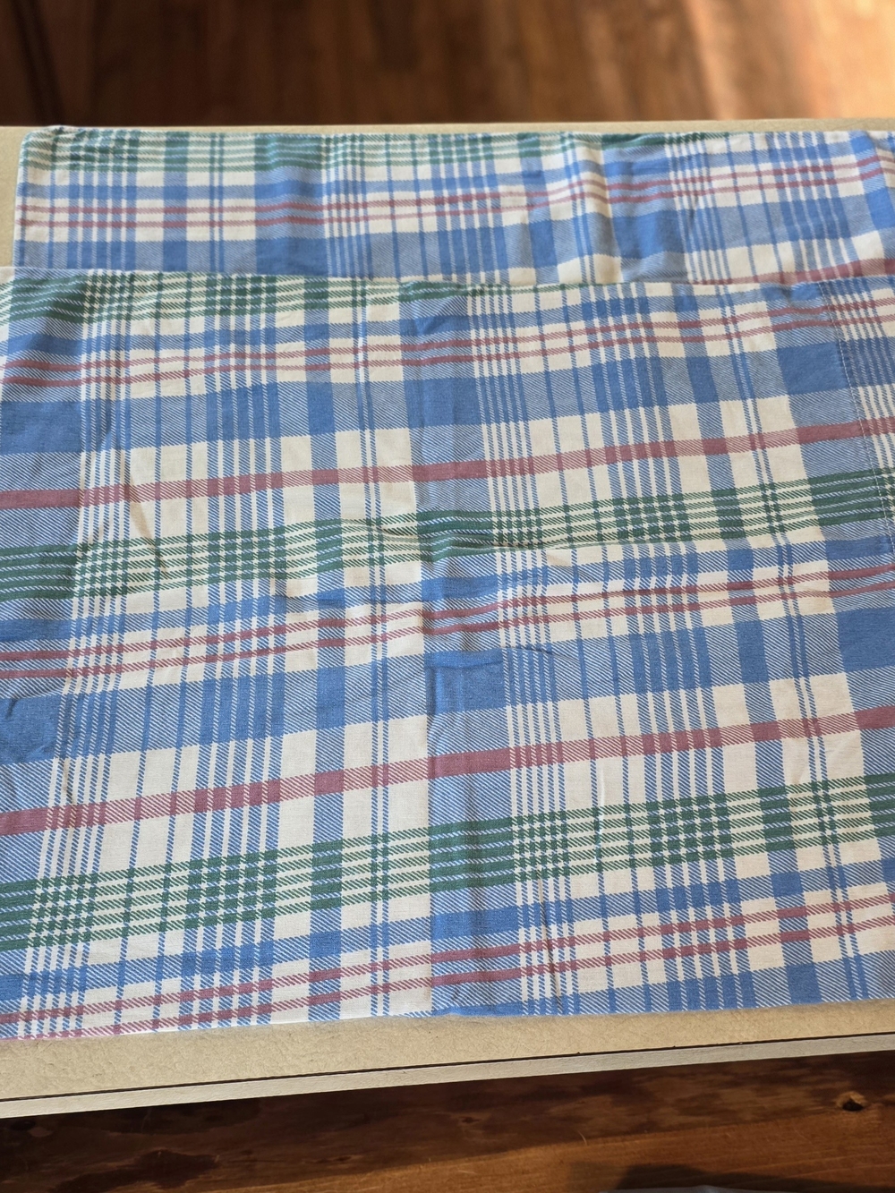 Vintage Stevens Plaid Cotton Pillowcase Pair in Blue, Green & Red
